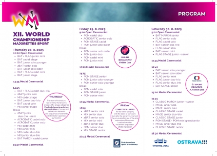 XII. World Championship Majorettes sport - harmonogram